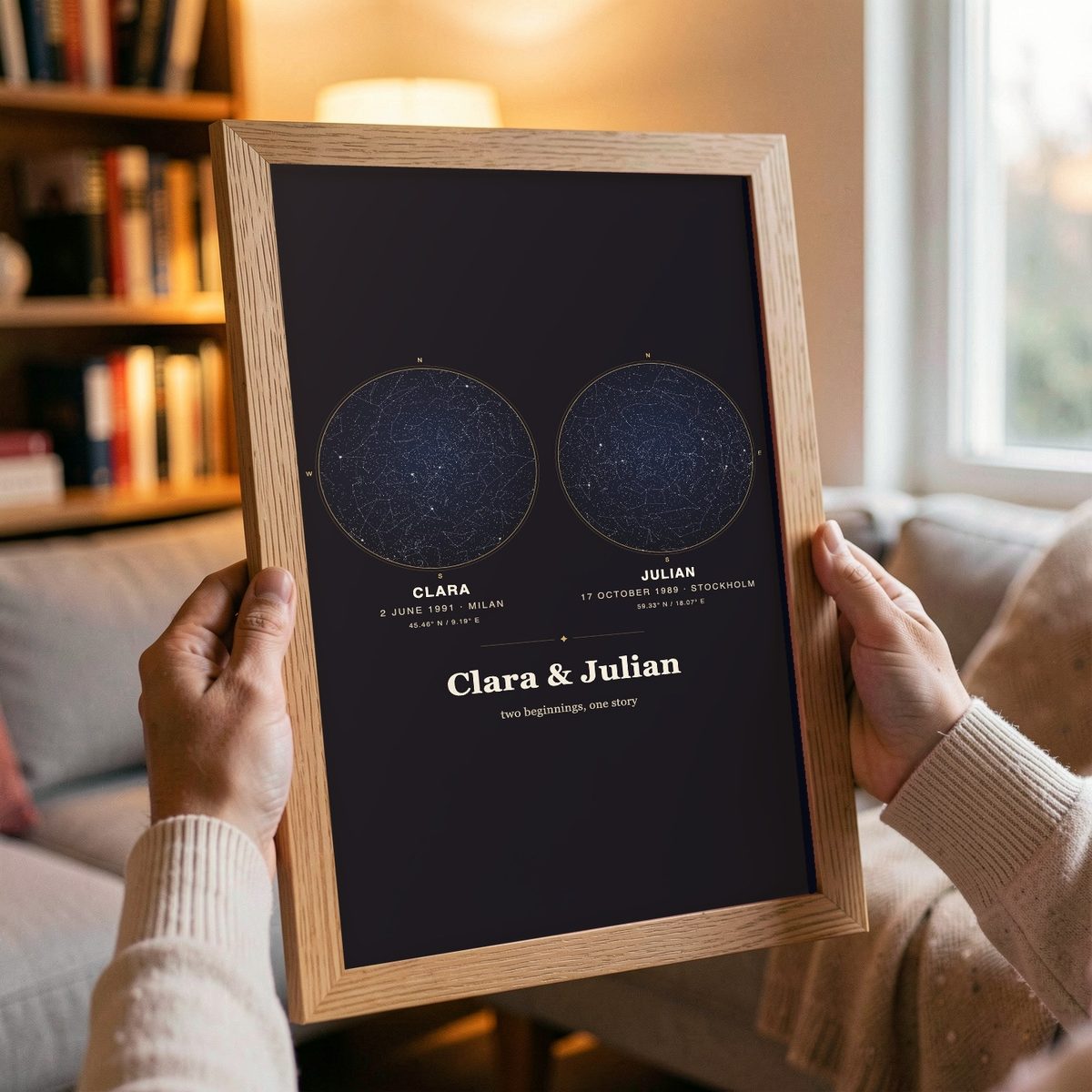 Mockup: two hands holding a framed Skynolie couple's poster as a gift